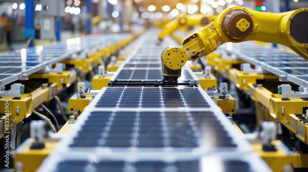 Fototapeta premium A factory with white robot arms assembling solar panels.