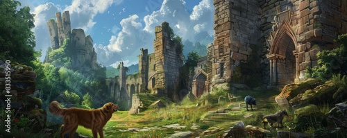 At an ancient castle ruins a Golden retriever and blue Maine Coon explore secret passageways and hidden nooks