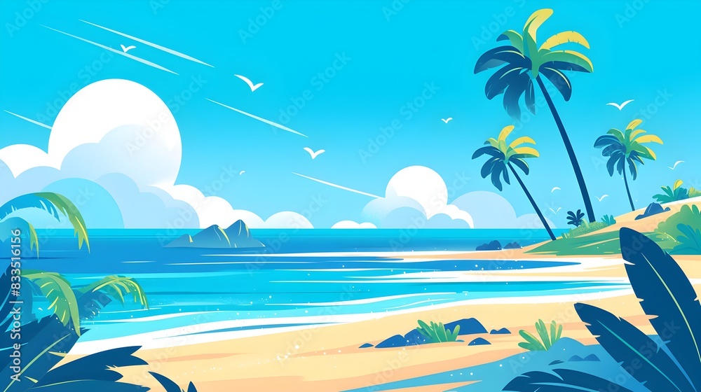 Palm-fringed beach under clear blue skies Palm-fringed beach under clear blue skies