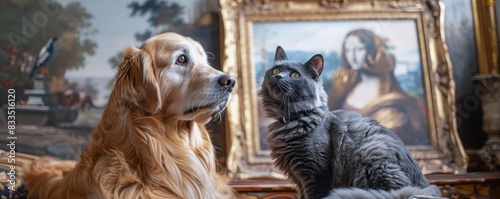 At an elegant art auction a Golden retriever and blue Maine Coon examine paintings and sculptures photo