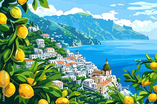 A beautiful digital painting of a Mediterranean village on the Amalfi Coast. The village is surrounded by lemon trees and overlooks the sea. The sky is blue and the sun is shining. photo