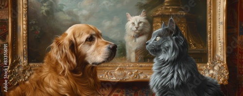 At an elegant art auction a Golden retriever and blue Maine Coon examine paintings and sculptures photo