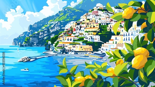 A beautiful digital painting of a Mediterranean village on the Amalfi Coast photo