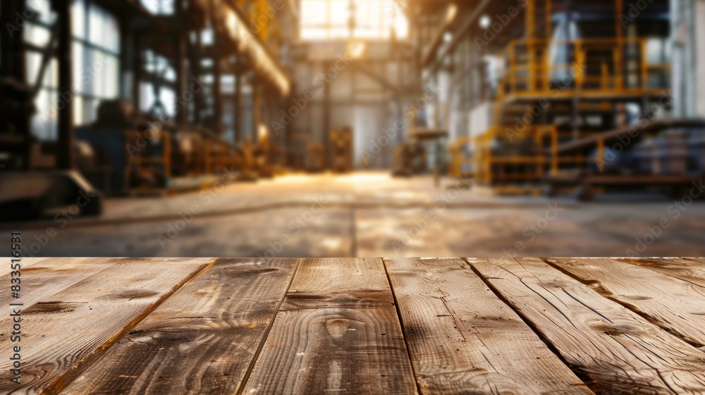 A wooden table top with blur background of factory. A wooden table top with blur background of factory.