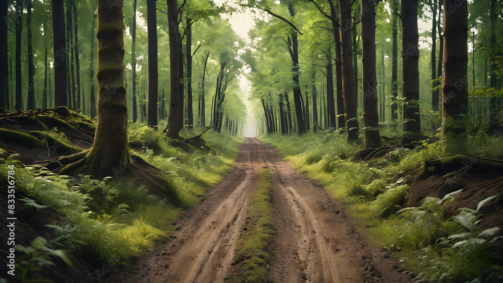 Fototapeta premium Dirt road through the forest, wide angle, top view. Generative AI