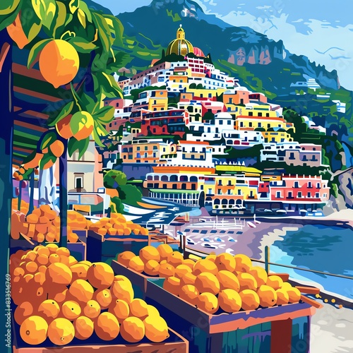 A beautiful painting of a Mediterranean village with a colorful harbor photo