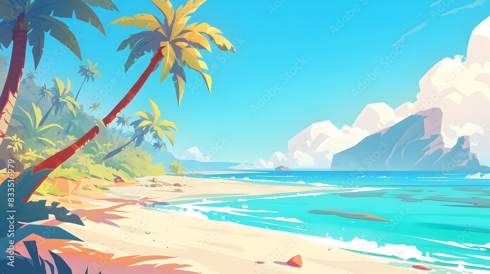 Palm-fringed beach under clear blue skies Palm-fringed beach under clear blue skies