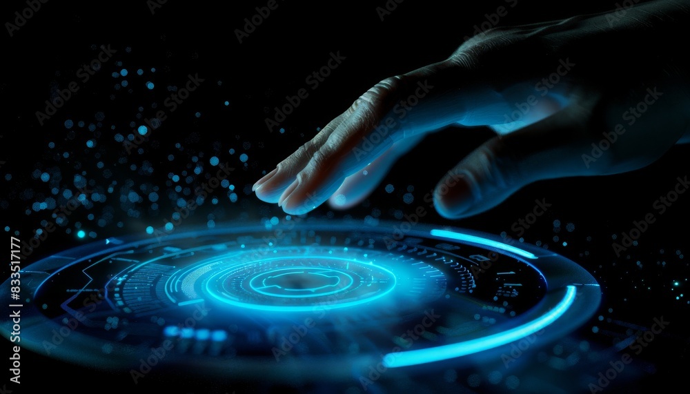 Obraz premium A hand is touching a blue circle with a lot of dots on it by AI generated image