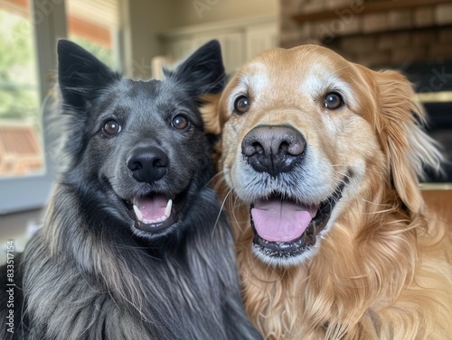 Close-up of a Golden retriever and a blue Maine Coon both showcasing big smiles and bright eyes