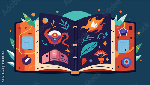 Each page of the art journal is a masterpiece carefully crafted and curated inviting viewers to marvel at the intricate details and hidden symbolism.. Vector illustration
