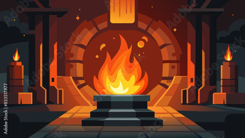 Flames dance and flicker within the massive steel furnace the surrounding walls in a warm fiery glow.. Vector illustration