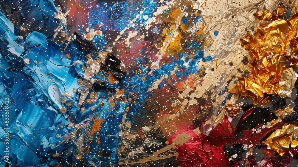 Abstract illustration on the theme of sports achievements at the Olympics in France in 2024. Broad strokes of paint in the colors of the French flag combined with gold paint Abstract illustration on the theme of sports achievements at the Olympics in France in 2024. Broad strokes of paint in the colors of the French flag combined with gold paint