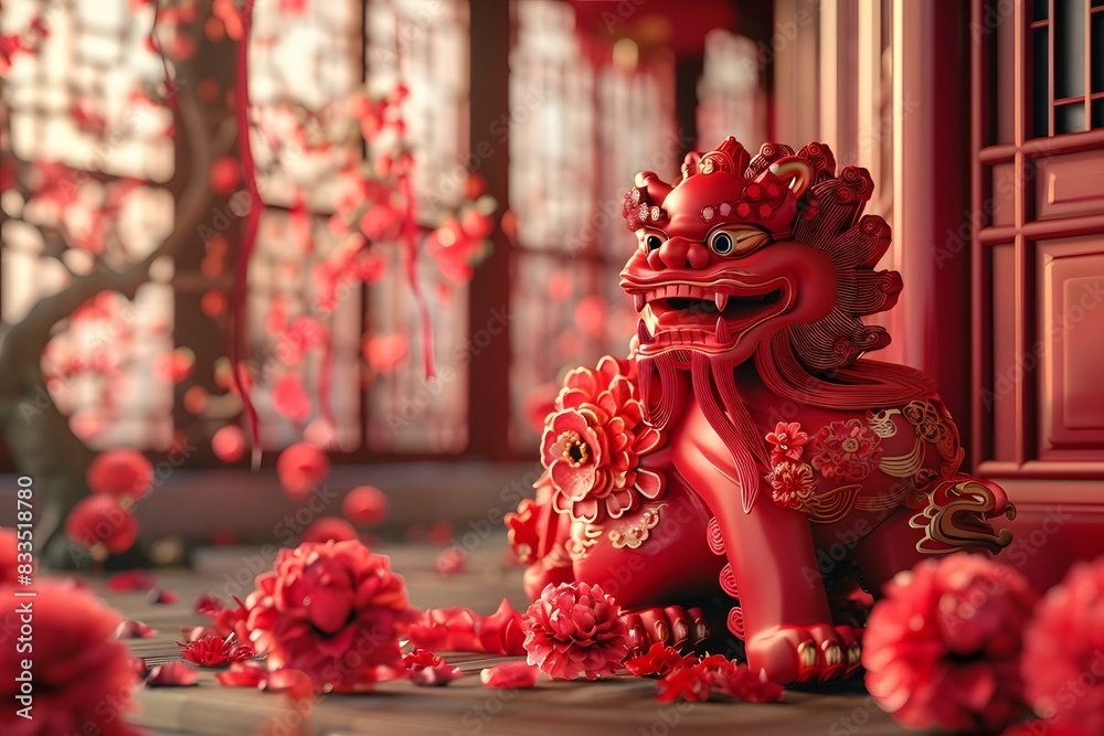 Obraz premium A red lion statue sits in a traditional Chinese courtyard.