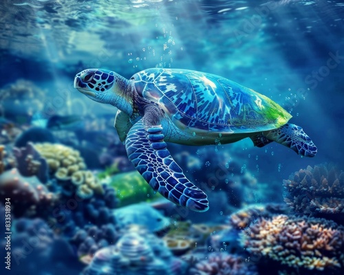 Vibrant underwater ecosystem with diverse marine life and turtle in high-quality panoramic image