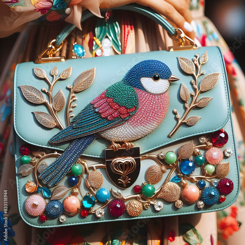A lady is holding a lady bag with a picture of a beautiful bird on it and studded with diamonds.
