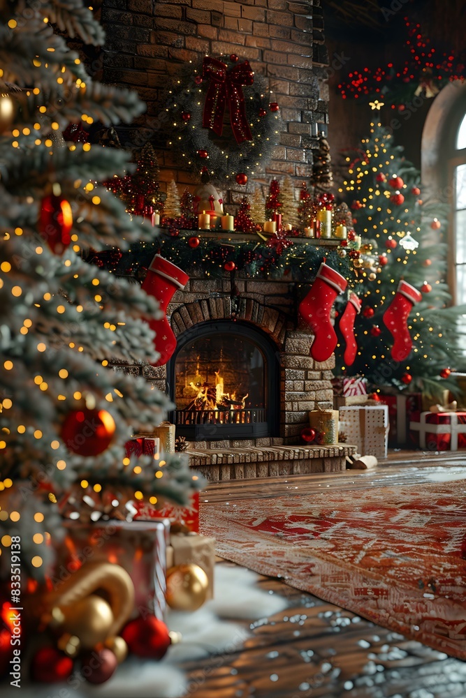 Fototapeta premium Christmas tree by the fireplace