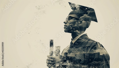 A double exposure image of a student holding a diploma, with a university campus superimposed in the background.