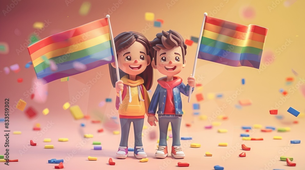 Cartoon couple holding rainbow flags and smiling. happy and celebratory ...