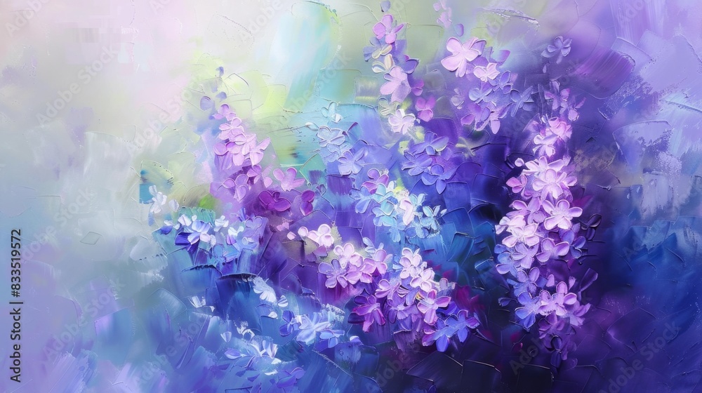 Abstract painting of lilac flowers, oil painting, colorful, purple blue green, in the style of impressionism Abstract painting of lilac flowers, oil painting, colorful, purple blue green, in the style of impressionism