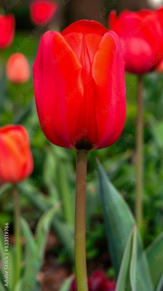 Detailed view of a vibrant red flower standing out in a field