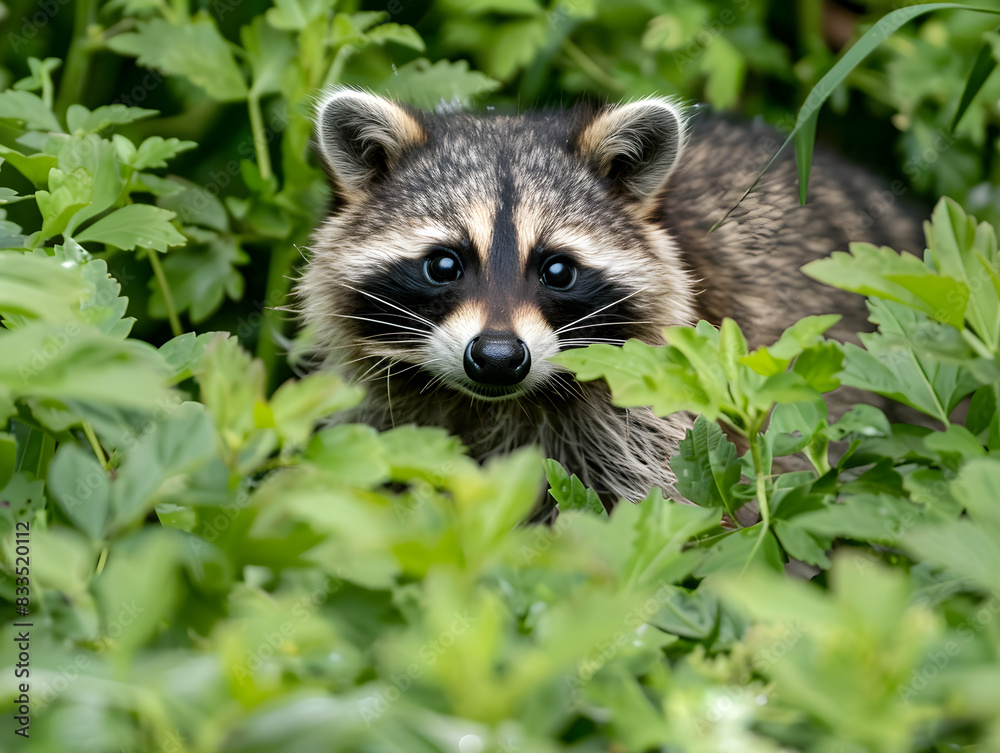 A raccoon with a bushy tail exploring a backyard with a stylish fence and greenery.