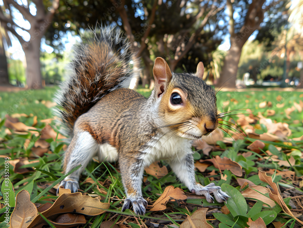 Naklejka premium A squirrel with a bushy tail searches for food in a green park setting.
