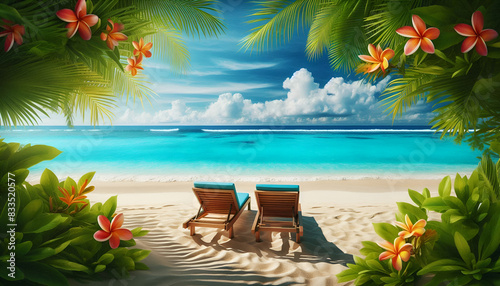 Dos sillas de playa en la arena con un paisaje soleado de fondo. Concepto de viajes y vacaciones. photo