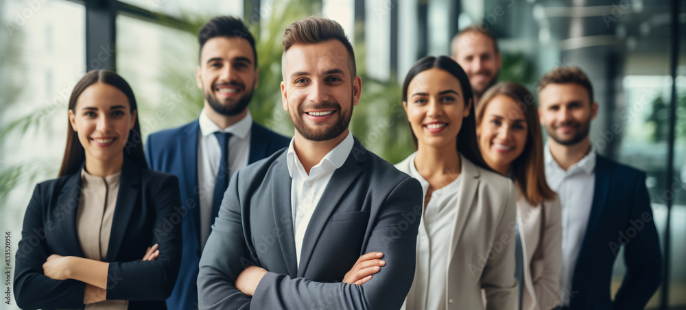 Portrait of group business people standing together in the office, happy teamwork looking at camera Portrait of group business people standing together in the office, happy teamwork looking at camera