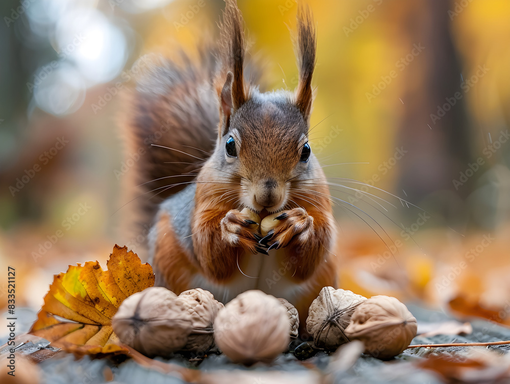 A squirrel with a bushy tail eating a nut in a raw style environment. A squirrel with a bushy tail eating a nut in a raw style environment.