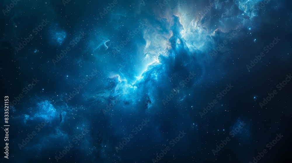 A cosmic nebula glows with an ethereal blue light, surrounded by swirling clouds of gas and dust.