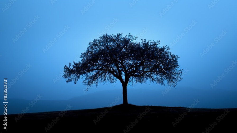 Obraz premium A lone tree stands silhouetted against a blue sky, creating a sense of peace and tranquility.