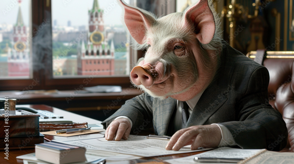 Corrupt politician, lobbyist, bureaucrat with pig head, cityscape in background