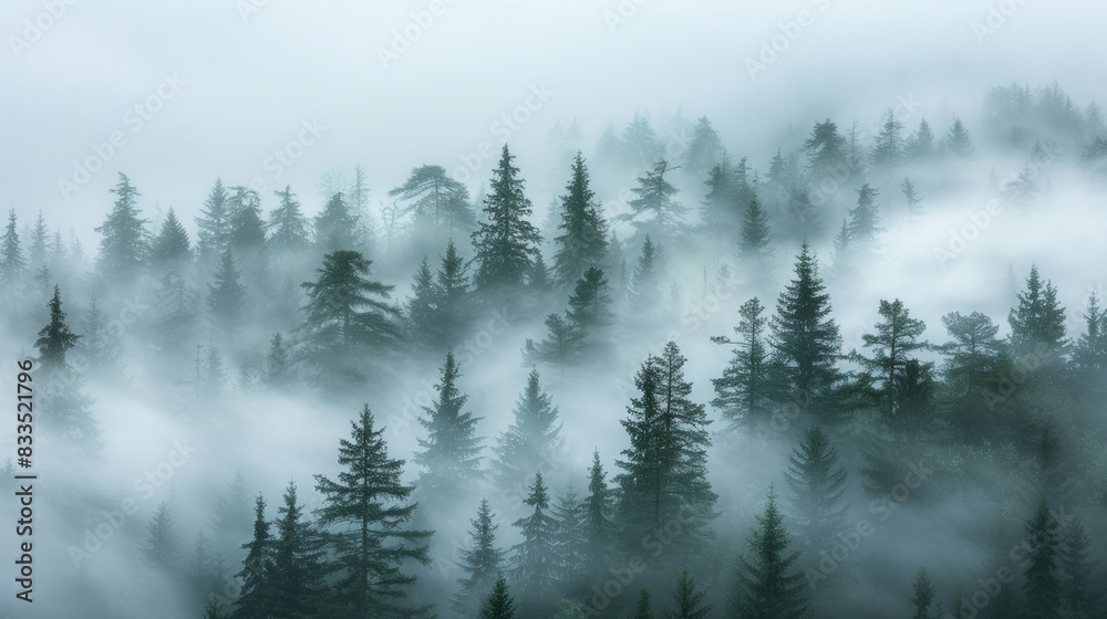 Moody landscape - hills covered with forest, mist, overcast, rainy weather Moody landscape - hills covered with forest, mist, overcast, rainy weather