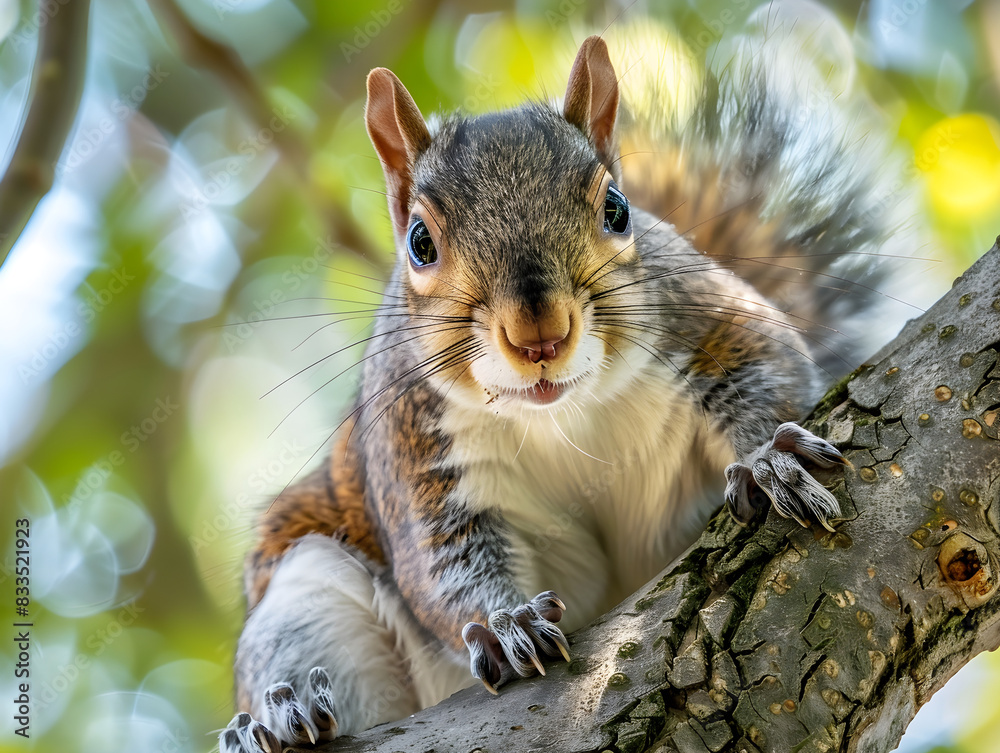 Fototapeta premium Furry squirrel with bushy tail sitting on tree branch, looking down with curiosity in woods.