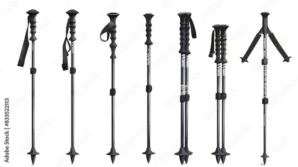 Collection of seven different hiking poles with various handle designs and adjustable lengths, perfect for trekking and outdoor adventures. Collection of seven different hiking poles with various handle designs and adjustable lengths, perfect for trekking and outdoor adventures.