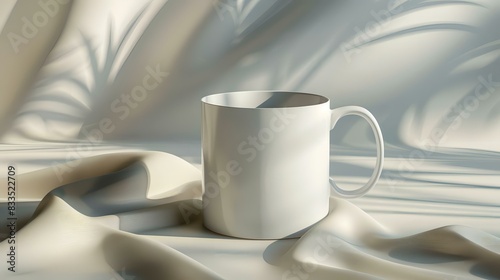 Minimalist digital artwork featuring a plain white mug against a soft, flowing background