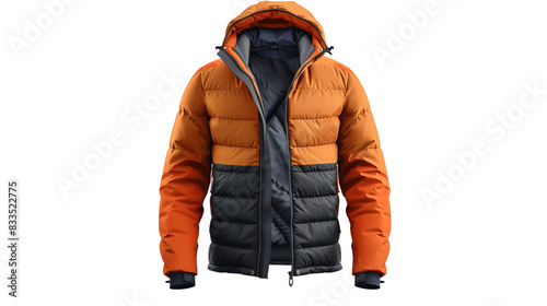 Stylish orange and gray winter jacket with hood. Perfect for outdoor activities and cold weather, providing warmth and comfort.