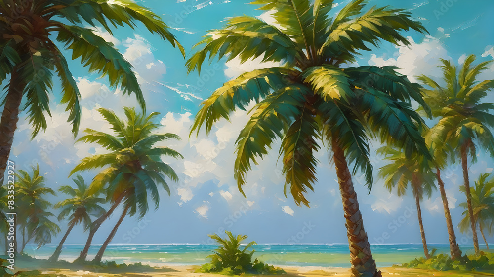 Green palm tree against the sky, landscape Generative AI Green palm tree against the sky, landscape Generative AI