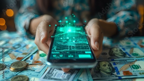 High-tech visualization of financial growth, depicting hands holding a smartphone with a glowing holographic financial graph