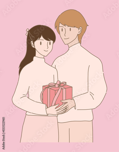 Woman and man holding present box with gift ribbon bow together. Happy couple exchanging gifts. Hand drawn flat cartoon character vector illustration.