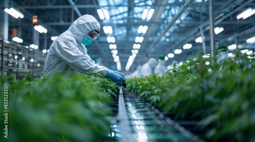 Scientists Working in Greenhouse with Row Crops for Research and Cultivation