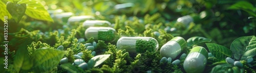 Vibrant green and white pills in eco-friendly packaging, symbolizing sustainable healthcare practices in a natural setting