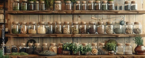 Wallpaper Mural Traditional herbal medicine display featuring glass jars filled with dried herbs, antique scales, and wooden shelves in a rustic apothecary setting Torontodigital.ca