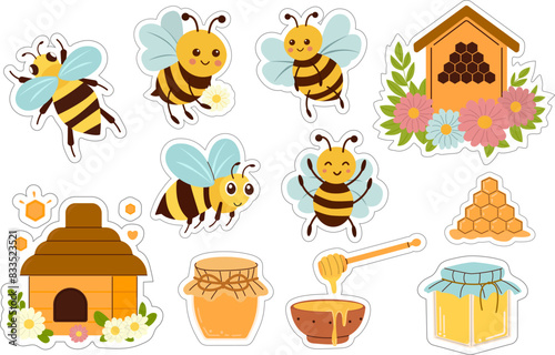 Set of stickers with Bees, honey and beehive. Vector illustration of beekeeping. Collection of cute funny bees in different poses.