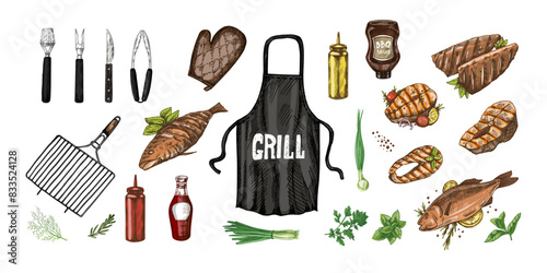 A set of hand-drawn colored  sketches of barbecue and picnic elements, apron, barbecue grill, tools, grilled fish, fish steaks. For the design of menu of cafes. Doodle vintage illustration.