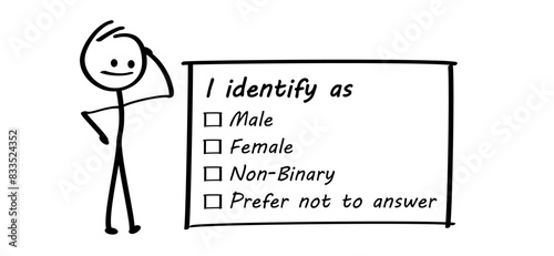 Check box, fill in gender list: male, female, non-binary or transgender. Filling in the questionnaire, documents. Choice of sex, gender reveal checklist. Survey question: man, woman. Question mark.