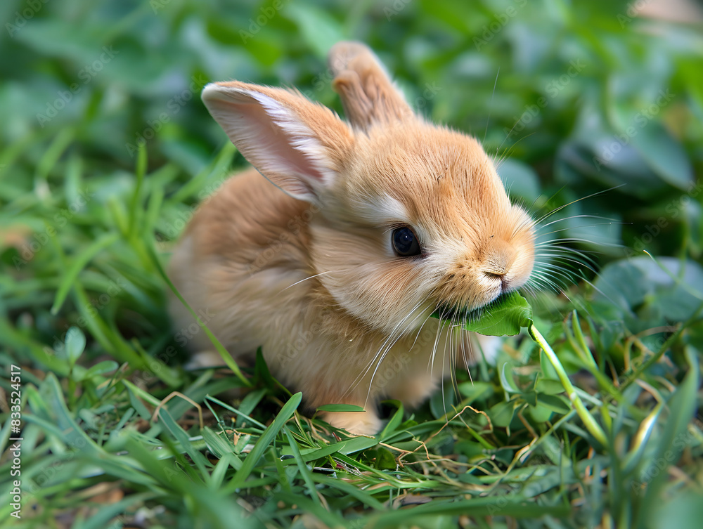 Adorable bunny enjoying a snack on a green blade of grass, looking content and peaceful. Adorable bunny enjoying a snack on a green blade of grass, looking content and peaceful.