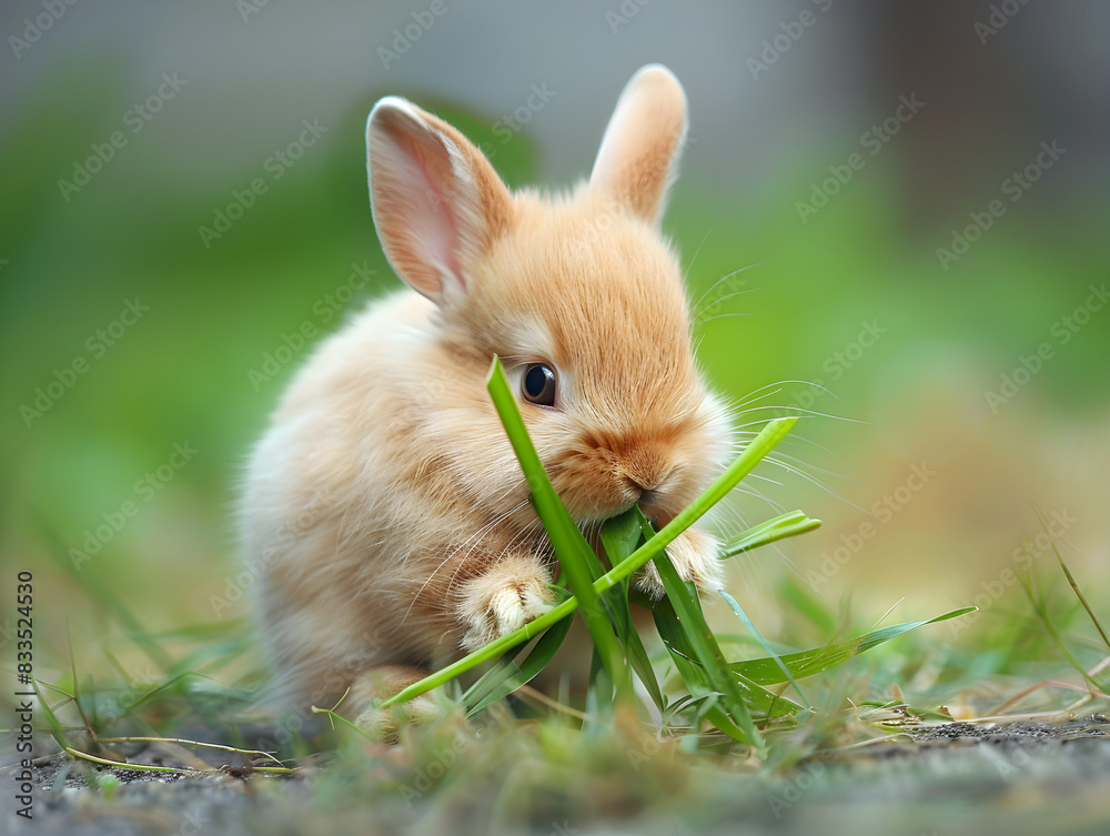 Adorable bunny enjoying a snack, nibbling on a blade of grass in a stylized setting. Adorable bunny enjoying a snack, nibbling on a blade of grass in a stylized setting.