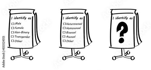 Check box, fill in gender list: male, female, non-binary or transgender. Filling in the questionnaire, documents. Choice of sex, gender reveal checklist. Survey question: man, woman. Question mark.