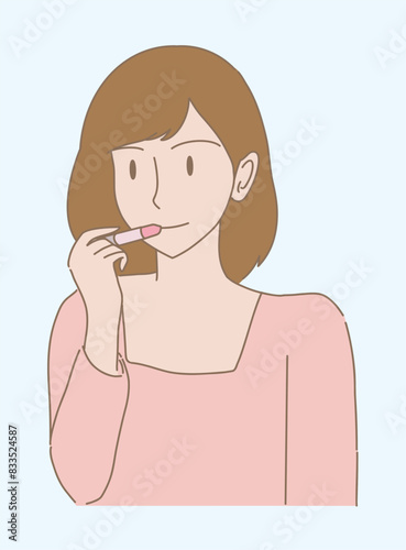 Beautiful girl taking care lips by lip balm, applying colored lipstick. Hand drawn flat cartoon character vector illustration.